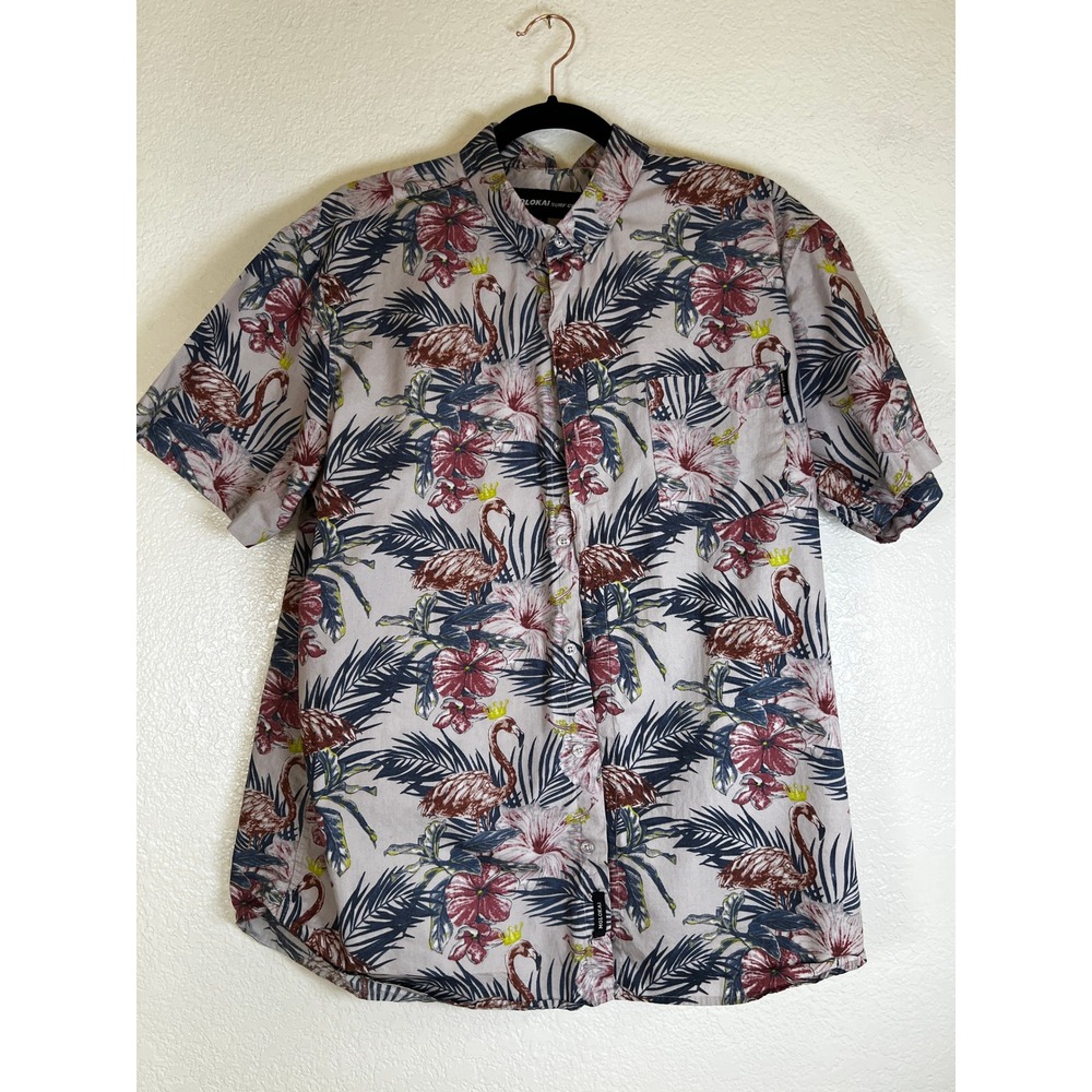 Molokai Surf Co. XL Flamingo Floral Button Up Shirt Hawaiian Palm Tropical‎